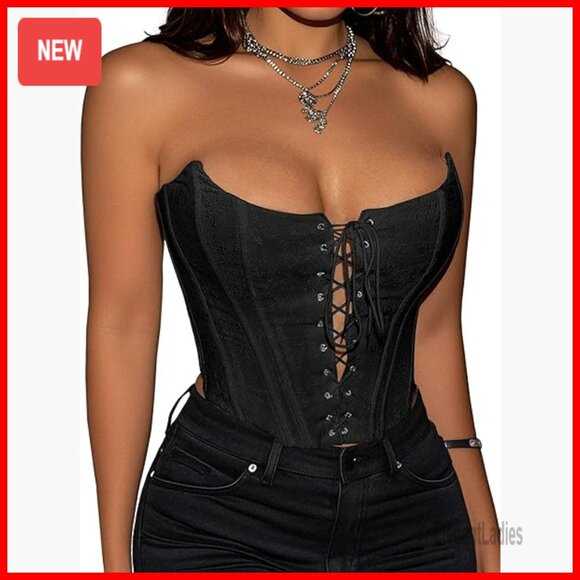 Strapless Backless Lace-Up Corset Bustier Crop Top X-Large Polyester Spandex